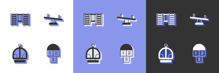 Set Hopscotch, Swedish wall, Attraction carousel and Seesaw icon. Vector