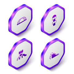 Set Isometric Monkey bar, Hopscotch, Slide playground and icon. Purple hexagon button. Vector