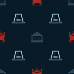 Set Jumping trampoline, Sandbox with sand and Swing for kids on seamless pattern. Vector