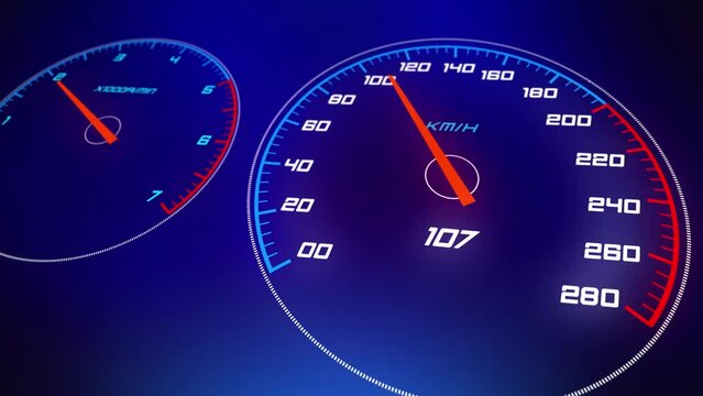 Close-up of car dashboard at night.Car acceleration to maximum speed. Speedometer and tachometer acceleration animation.