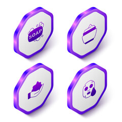 Set Isometric Bar of soap, Cream or lotion cosmetic tube, Shaving foam hand and Facial mask icon. Purple hexagon button. Vector