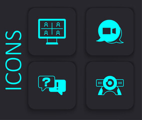 Set Web camera, Video chat conference, and Question and Answer icon. Black square button. Vector