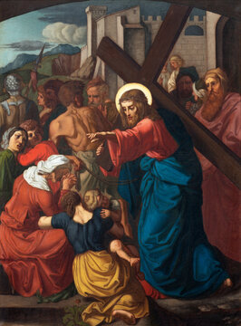 LUZERN, SWITZERLAND - JUNY 24, 2022: The painting Jesus meets the women of Jerusalem as part of Cross way stations in the church Franziskanerkirche from 19. cent.
