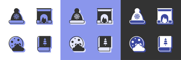 Set Christmas book, Santa Claus hat, night and Interior fireplace icon. Vector