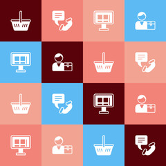 Set pop art Shopping basket, Telephone 24 hours support, Online shopping screen and Buyer icon. Vector