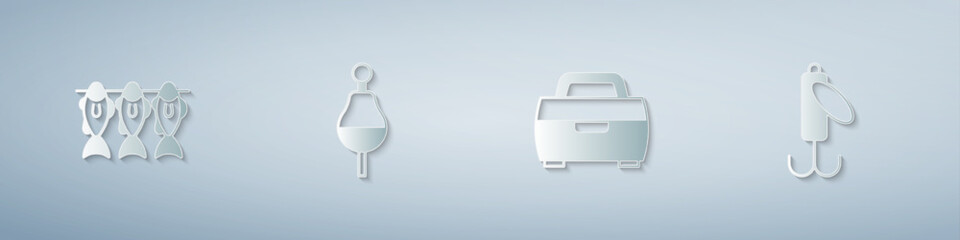 Set Dried fish, Fishing float, Case or box for fishing equipment and lure. Paper art style. Vector
