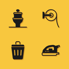 Fototapeta premium Set Toilet bowl, Electric iron, Trash can and paper roll icon with long shadow. Vector