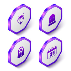 Set Isometric Devil head, Tombstone with RIP written, Funny and scary ghost mask and Halloween date 31 october icon. Purple hexagon button. Vector