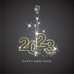 Happy New Year 2023 greetings sparkler firework line design numbers gold white black color background
