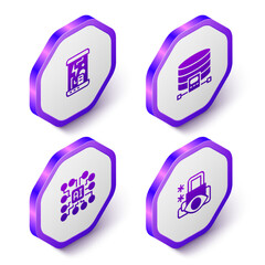 Set Isometric Cryogenic capsules, Cloud database, Neural network and Cyber security icon. Purple hexagon button. Vector