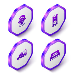 Set Isometric Location taxi car, Taxi mobile app, Taximeter device and roof icon. Purple hexagon button. Vector