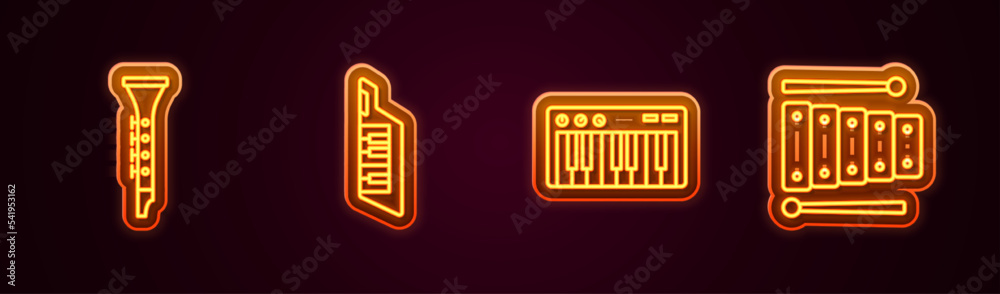 Canvas Prints Set line Clarinet, Keytar, Music synthesizer and Xylophone. Glowing neon icon. Vector