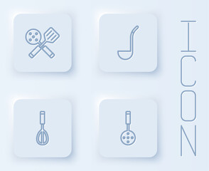 Set line Spatula, Kitchen ladle, whisk and . White square button. Vector