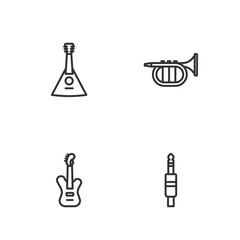 Set line Audio jack, Electric bass guitar, Balalaika and Trumpet icon. Vector