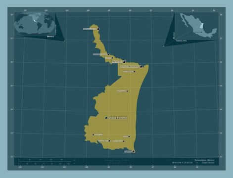 Tamaulipas, Mexico. Solid. Labelled points of cities