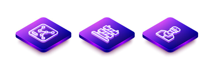 Set Isometric line Railway map, End of railway tracks and Train conductor icon. Vector