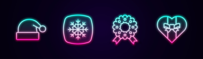 Set line Christmas Santa Claus hat, Snowflake, wreath and Gift box. Glowing neon icon. Vector
