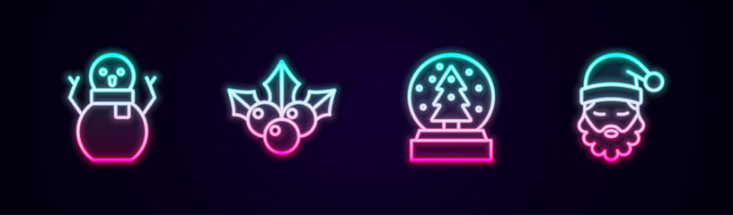 Set line Christmas snowman, Branch viburnum, globe and Santa Claus hat and beard. Glowing neon icon. Vector