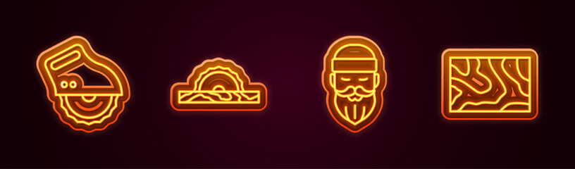 Set line Electric circular saw, Lumberjack and Wooden beam. Glowing neon icon. Vector