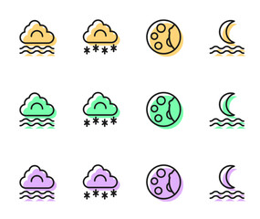 Set line Moon phases, Fog and cloud, Cloud with snow and Night fog or smoke icon. Vector