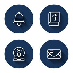 Fototapeta premium Set line Christmas ringing bell, Holy bible book, snow globe and Envelope with long shadow. Blue circle button. Vector