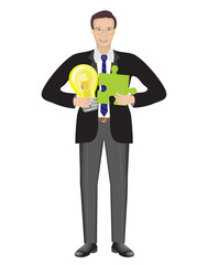 Smiling man with idea and solution. Holding jigsaw puzzle piece and lightbulb. Isolated on white. Vector illustration.
