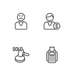 Fototapeta premium Set line POS terminal, Auction hammer, Angry customer and Buyer icon. Vector