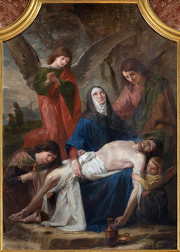 LUZERN, SWITZERLAND - JUNY 24, 2022: The painting of Pieta in the church Franziskanerkirche by Joseph Balmer (1899).