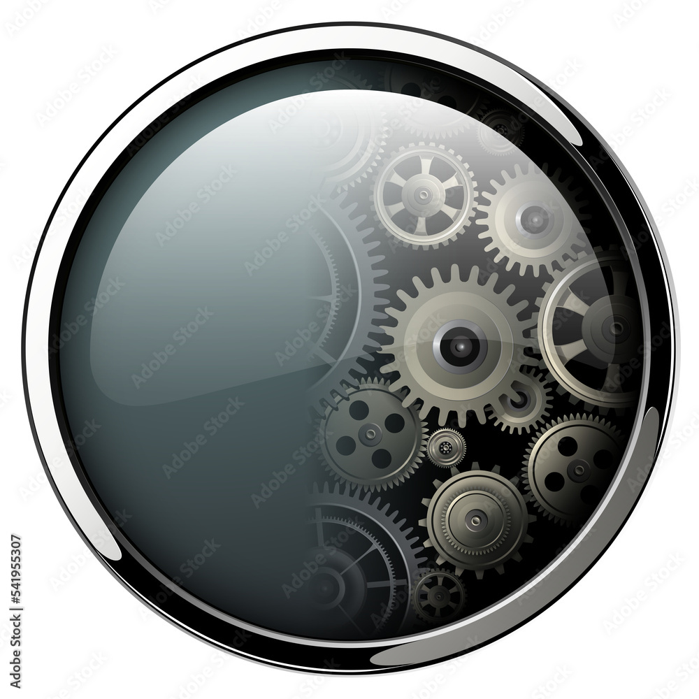 Poster Buttons shiny, chrome metallic with machinery cog gears inside isolated.