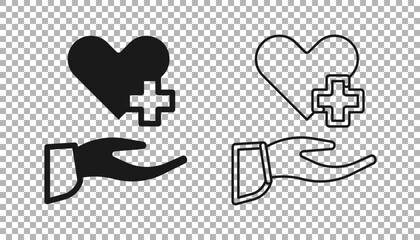 Black Heart with a cross icon isolated on transparent background. First aid. Healthcare, medical and pharmacy sign. Vector