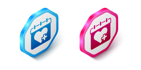 Isometric Doctor appointment icon isolated on white background. Calendar, planning board, agenda, consultation doctor. Hexagon button. Vector