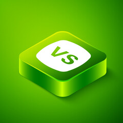 Isometric VS Versus battle icon isolated on green background. Competition vs match game, martial battle vs sport. Green square button. Vector