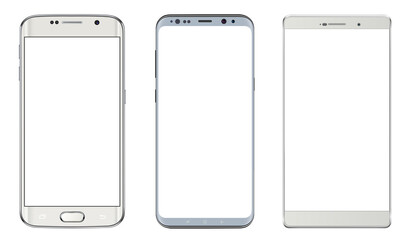 Smartphones, white mobile phones isolated with blank screen