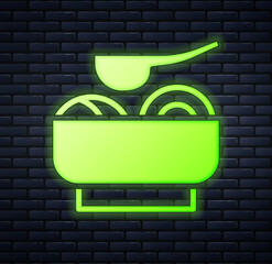 Glowing neon Ramen soup bowl with noodles icon isolated on brick wall background. Bowl of traditional asian noodle soup. Vector