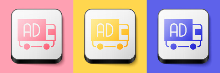 Isometric Advertising on truck icon isolated on pink, yellow and blue background. Concept of marketing and promotion process. Responsive ads. Social media advertising. Square button. Vector