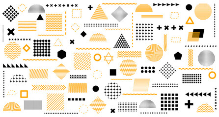 Set 100 geometric shapes. Memphis design, retro elements for web, vintage, advertising, commercial banners, posters, flyers, billboards, sales. Trendy collection of halftone vectors of geometric shape