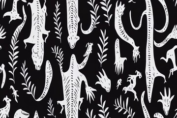 seamless pattern with predator dino. Prehistoric animal hand drawn texture. Carnotaurus bones and words decorative backdrop. Wallpaper, textile, wrapping paper design