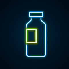 Glowing neon line Bottle of water icon isolated on black background. Soda aqua drink sign. Colorful outline concept. Vector