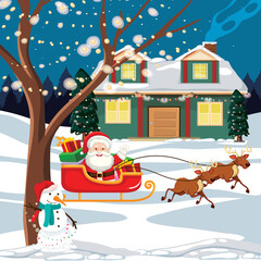 Santa Claus on Sleigh in Snow Vector Illustration