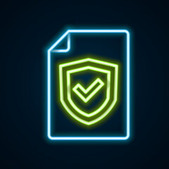 Glowing neon line Contract with shield icon isolated on black background. Insurance concept. Security, safety, protection, protect concept. Colorful outline concept. Vector