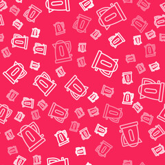 White line Electric kettle icon isolated seamless pattern on red background. Teapot icon. Vector
