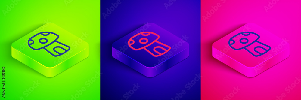 Sticker Isometric line Fantasy mushroom house icon isolated on green, blue and pink background. Fairytale house. Square button. Vector