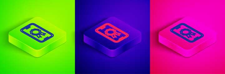 Isometric line Online education with diploma icon isolated on green, blue and pink background. Diploma online at home. Webinar and video seminar learning. Square button. Vector