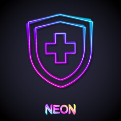 Obraz premium Glowing neon line Life insurance with shield icon isolated on black background. Security, safety, protection, protect concept. Vector
