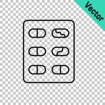Black line Pills in blister pack icon isolated on transparent background. Medical drug package for tablet, vitamin, antibiotic, aspirin. Vector