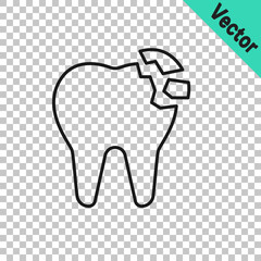 Black line Broken tooth icon isolated on transparent background. Dental problem icon. Dental care symbol. Vector