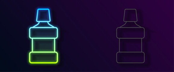 Glowing neon line Mouthwash plastic bottle icon isolated on black background. Liquid for rinsing mouth. Oralcare equipment. Vector
