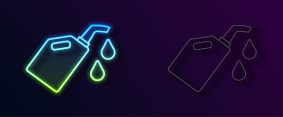 Glowing neon line Canister for motor machine oil icon isolated on black background. Oil gallon. Oil change service and repair. Vector