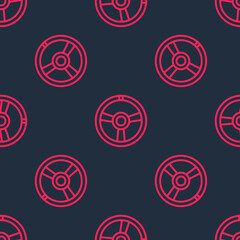 Red line Racing steering wheel icon isolated seamless pattern on black background. Car wheel icon. Vector