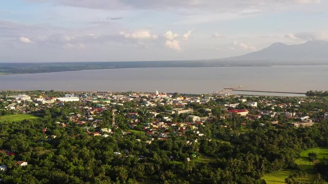 Sorsogon City, Luzon, Philippines. Asian town by the sea, top view. Tropical landscape with a town by the sea.